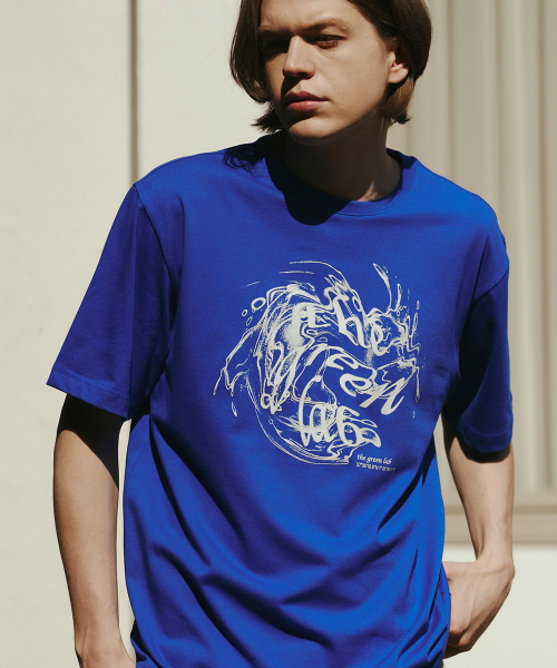 セール】ウォータービンテージグラフィック半袖Tシャツ[ブルー]（T