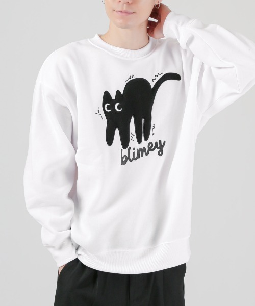 LUXSTYLE(ラグスタイル)の「黒猫アップリケ裏起毛スウェット(スウェット・メンズ・ホワイト/ブラック/グレー・M/L/XL)」の1枚目の写真