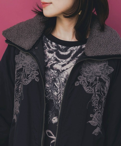 セール】553272：ボア襟取り外し可能 花刺繍中綿ブルゾン（テーラード