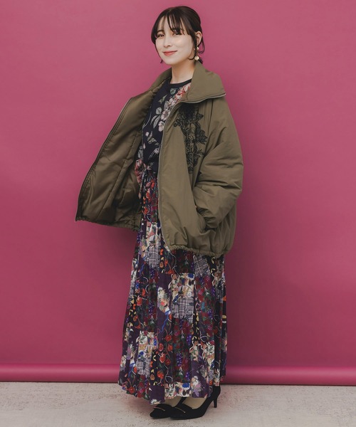 553272：ボア襟取り外し可能 花刺繍中綿ブルゾン（テーラード