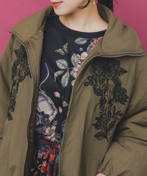 セール】553272：ボア襟取り外し可能 花刺繍中綿ブルゾン（テーラード