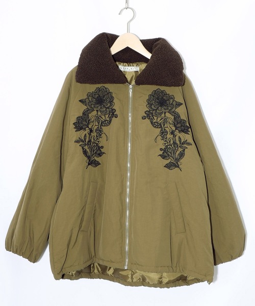 セール】553272：ボア襟取り外し可能 花刺繍中綿ブルゾン（テーラード