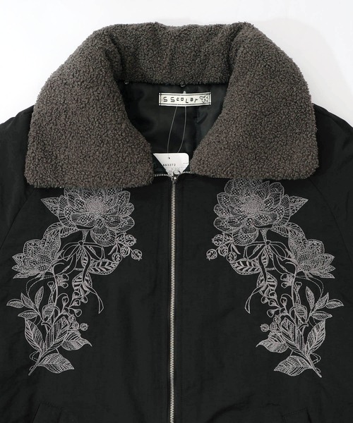 セール】553272：ボア襟取り外し可能 花刺繍中綿ブルゾン（テーラード