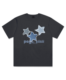 ブルーデニムスタープリンティング半袖Tシャツチャコール