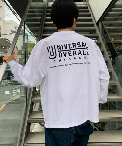 UNIVERSAL OVERALL(ユニバーサルオーバーオール)の「【別注】UNIVERSAL OVERALL/ユニバーサルオーバーオール サイドスリットルーズシルエットビッグロゴロンT(Tシャツ/カットソー・メンズ・ネイビー/ブラック/サックスブルー/オートミール/ホワイト・M/S/XL/L)」の9枚目の写真