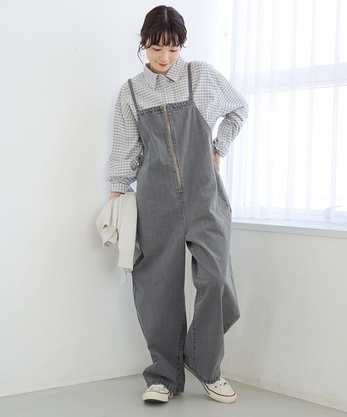 coen（コーエン）の「フロントジップデザインデニムサロペット（サロペット/オーバーオール・レディース・ライトグレー/コバルトブルー・L/M）」の3枚目の写真