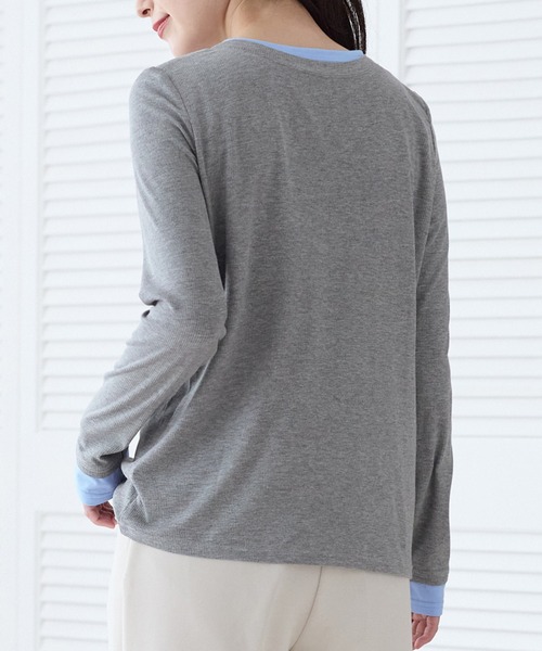 Viola e Viola(ヴィオラエヴィオラ)の「1枚着映えレイヤード風ヘンリーネックリブプルオーバー(Tシャツ/カットソー・レディース・杢グレー/ブラック・M/L/LL/3L)」の8枚目の写真