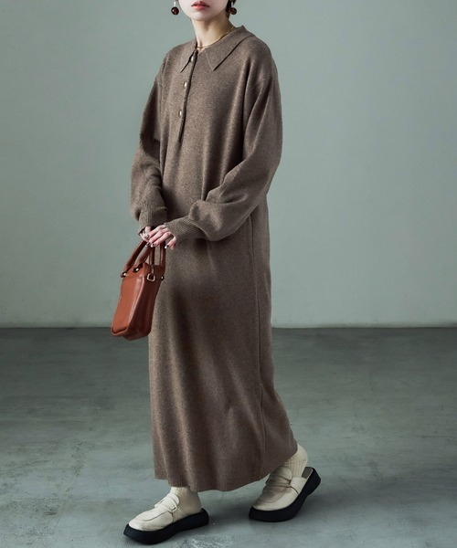 Fashion Letter(ファッションレター)の「衿付き シャツニットワンピース(ワンピース・レディース・ブラック/グレー/ブラウン・M)」の1枚目の写真