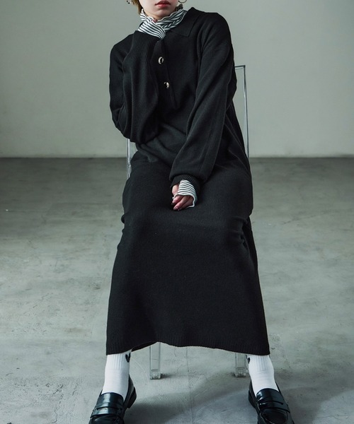 Fashion Letter(ファッションレター)の「衿付き シャツニットワンピース(ワンピース・レディース・ブラック/グレー/ブラウン・M)」の2枚目の写真