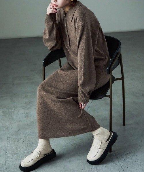 Fashion Letter(ファッションレター)の「衿付き シャツニットワンピース(ワンピース・レディース・ブラック/グレー/ブラウン・M)」の8枚目の写真