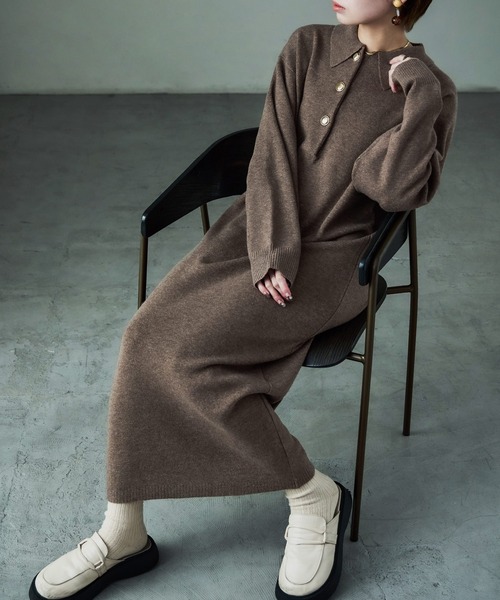 Fashion Letter(ファッションレター)の「衿付き シャツニットワンピース(ワンピース・レディース・ブラック/グレー/ブラウン・M)」の9枚目の写真