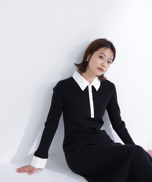 NATURAL BEAUTY BASIC（ナチュラルビューティーベーシック）の「◇襟付きリブニットワンピース（ワンピース・レディース・ブラック系その他/グレー系その他/ブルー系その他6・MEDIUM/P/S）」の2枚目の写真