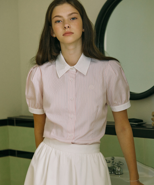 NONLOCAL(ノンローカル)の「Puff Half Sleeve Stripe Shirt - Pink(シャツ/ブラウス・レディース・その他・FREE)」の1枚目の写真