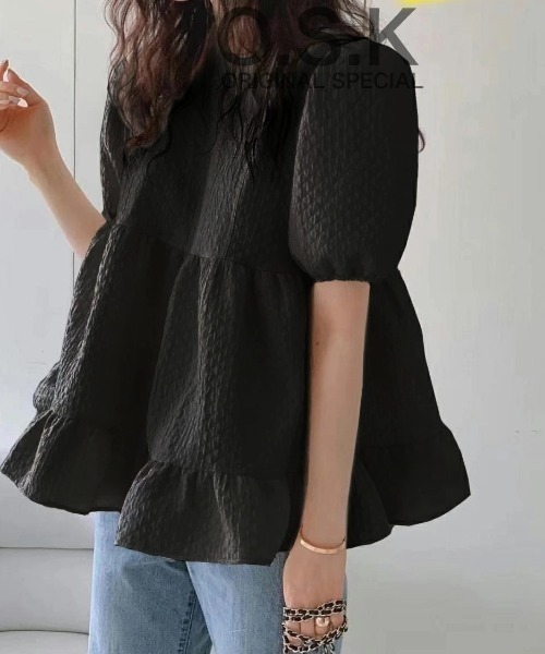 deux amour(ドゥーザムール)の「ブークレ―フリルティアード半袖トップス(Tシャツ/カットソー・レディース・ブラック/グレー/ブルー/ホワイト・FREE)」の6枚目の写真