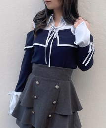 abc une face（アーベーセーアンフェイス）の「シャツ衿ドッキングトップス（Tシャツ/カットソー）」