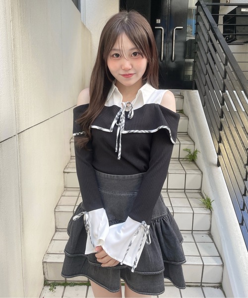 abc une face(アーベーセーアンフェイス)の「シャツ衿ドッキングトップス(Tシャツ/カットソー・レディース・ホワイト/ネイビー/ブラック/グレー・FREE)」の3枚目の写真