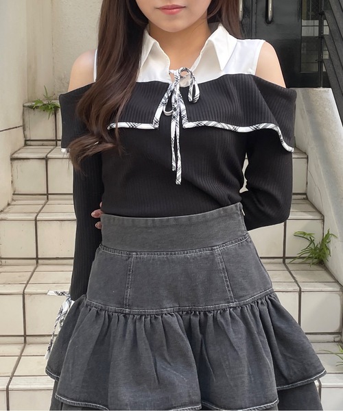 abc une face(アーベーセーアンフェイス)の「シャツ衿ドッキングトップス(Tシャツ/カットソー・レディース・ホワイト/ネイビー/ブラック/グレー・FREE)」の11枚目の写真