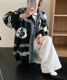 デニムドッキングジャカードニットカーディガン