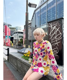 Desigualパープルマルチフローラルクロシェ編みクロップドスリーブニット Desigual｜デシグアルのニット/セーター（花柄・ボタニカル柄）通販