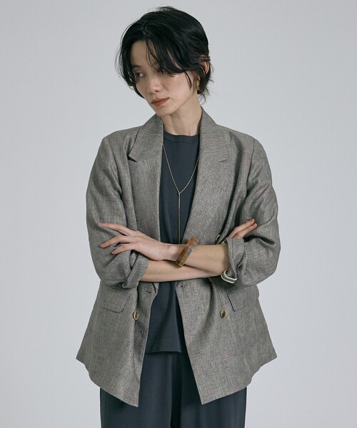 qualite（カリテ）の「【セットアップ対応】ラメリネンジャケット/春服/夏服/オフィスカジュアル/リネン（テーラードジャケット・レディース・グレイッシュベージュ・38/36）」の2枚目の写真
