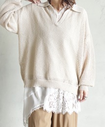 ポロ衿メッシュ編みプルオーバー