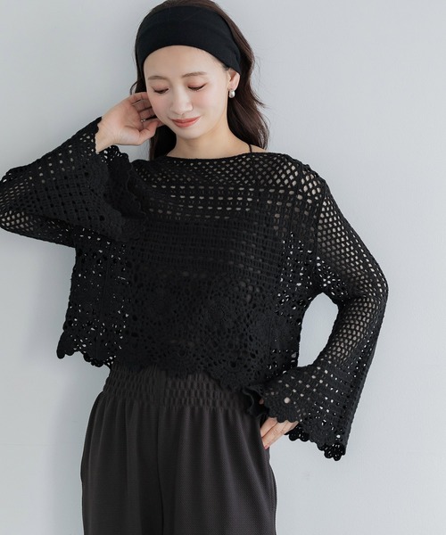 coca(coca)(コカ)の「フレアスリーブクロシェニット(ニット/セーター・レディース・ブラック/アイボリー・ONE SIZE)」の14枚目の写真