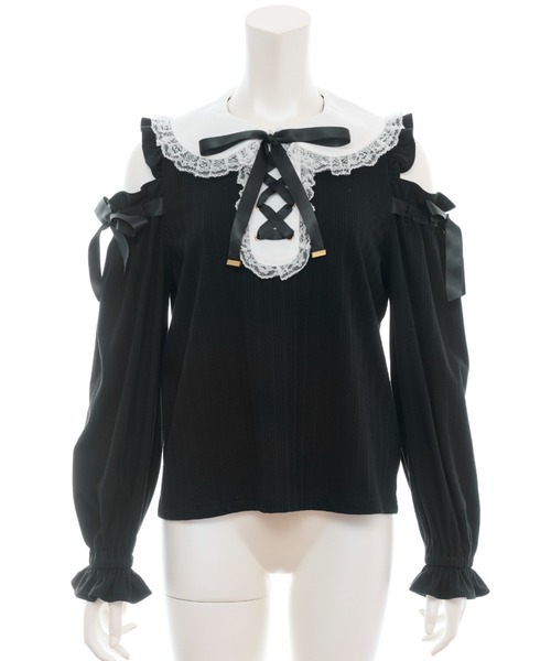 Secret Honey(シークレットハニー)の「肩開きレースアップカットソー(Tシャツ/カットソー・レディース・ブラック/オフホワイト・FREE)」の9枚目の写真