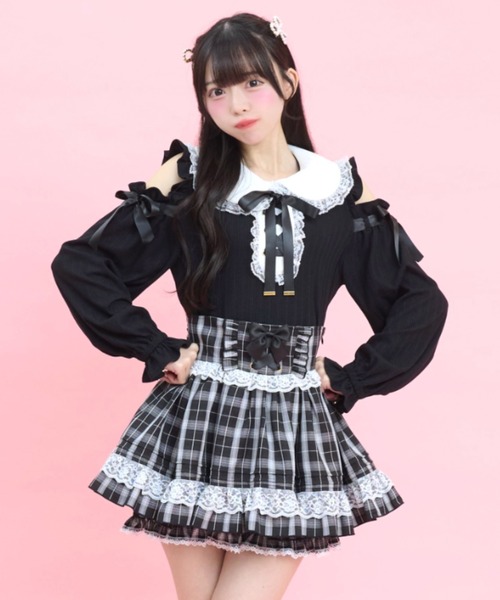 Secret Honey(シークレットハニー)の「肩開きレースアップカットソー(Tシャツ/カットソー・レディース・ブラック/オフホワイト・FREE)」の6枚目の写真