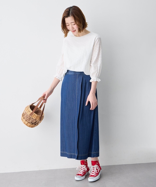 Petit Honfleur(プチオンフルール)の「レースシャーリング袖ブラウス(Tシャツ/カットソー・レディース・ネイビー/ホワイト・M/L)」の9枚目の写真