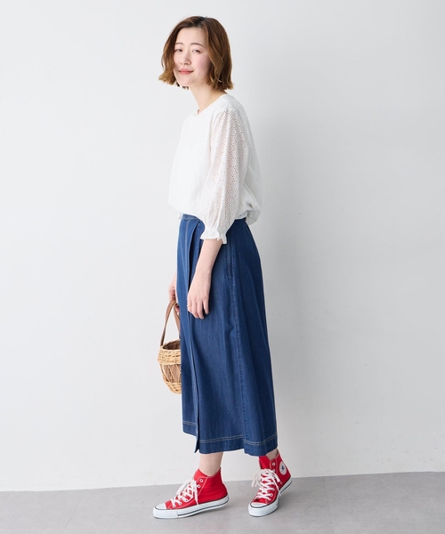 Petit Honfleur(プチオンフルール)の「レースシャーリング袖ブラウス(Tシャツ/カットソー・レディース・ネイビー/ホワイト・M/L)」の10枚目の写真
