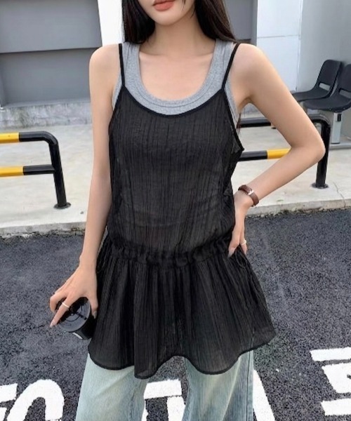 LADY LIKE(レディライク)の「【春夏新作】ウエスト絞りミニ丈楊柳キャミチュニック(その他トップス・レディース・ホワイト/ブラック・M)」の5枚目の写真