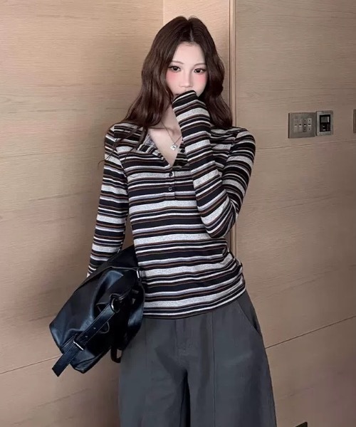Alvia(アルビア)の「ストライプ長袖Tシャツ(Tシャツ/カットソー・レディース・グレー・M)」の7枚目の写真