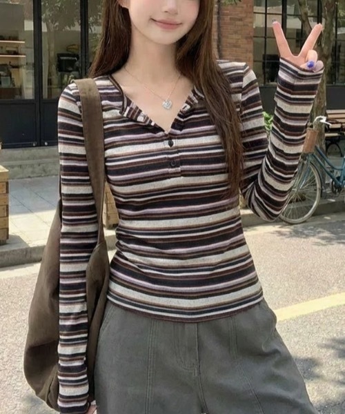 Alvia(アルビア)の「ストライプ長袖Tシャツ(Tシャツ/カットソー・レディース・グレー・M)」の14枚目の写真