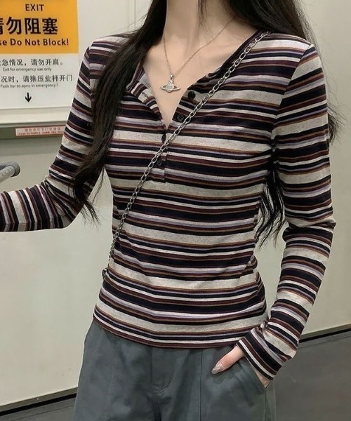 Alvia(アルビア)の「ストライプ長袖Tシャツ(Tシャツ/カットソー・レディース・グレー・M)」の16枚目の写真