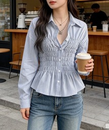 ストライプ柄シャーリングシャツ襟付き長袖