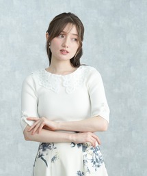 襟レース袖口パール半袖リブニット