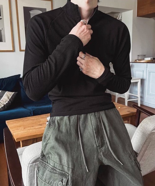 NOWLE(ノウル)の「【NOWLE】タイトフィット ハーフジップ ラグラン リブ ロンT / スリムフィット(Tシャツ/カットソー・メンズ・ブラック・LARGE/X-LARGE/MEDIUM)」の7枚目の写真
