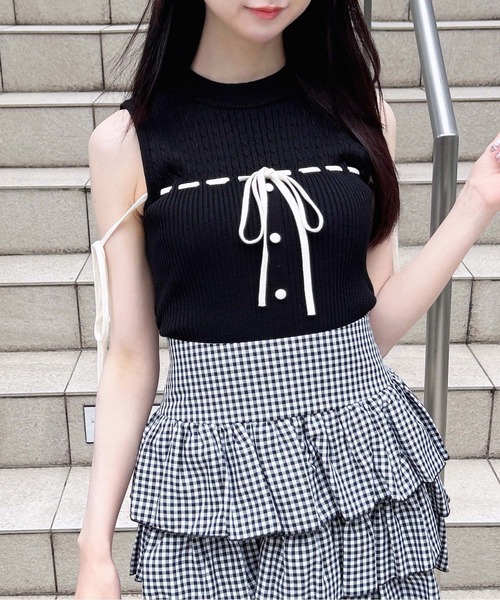 INGNI(イング)の「配色リボンノースリニット(ニット/セーター・レディース・ホワイト×ブラック/ブラック×ホワイト/ピンク系9・M)」の3枚目の写真