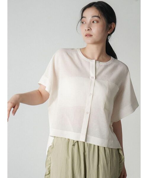 FIKA.（フィーカ）の「Sheer striped band collar shirt（シャツ/ブラウス・レディース・オフホワイト/グレー・FREE）」の3枚目の写真