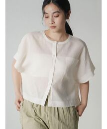 Sheer striped band collar shirt