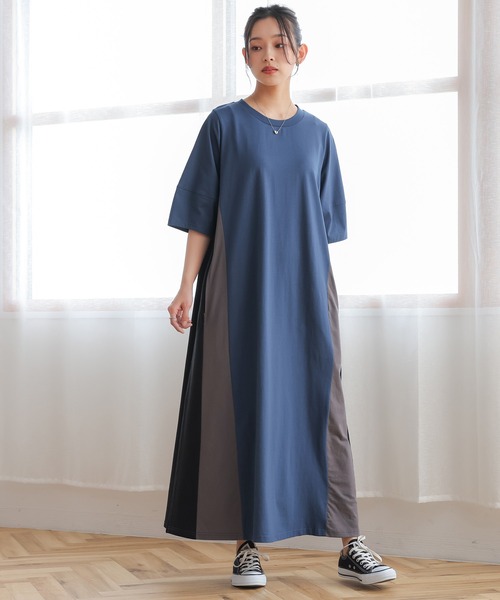 n'OrLABEL(ノアールレーベル)の「【汗じみ防止】配色ランタンスリーブワンピース(ワンピース・レディース・ブルー/ブラック/グレイッシュベージュ・1/2)」の16枚目の写真