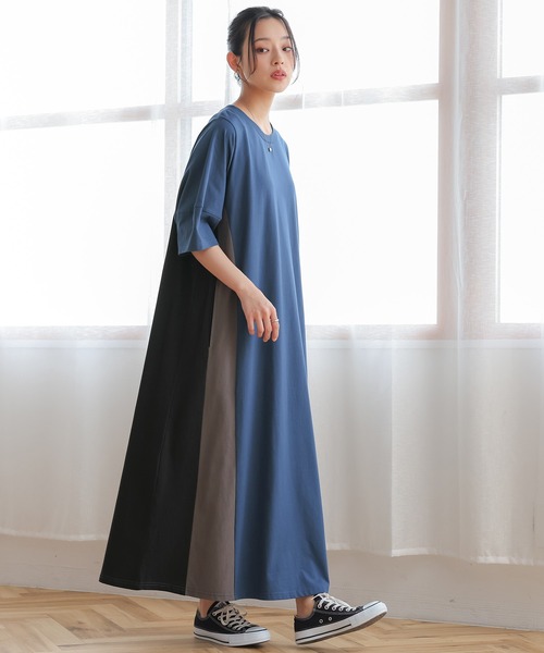 n'OrLABEL(ノアールレーベル)の「【汗じみ防止】配色ランタンスリーブワンピース(ワンピース・レディース・ブルー/ブラック/グレイッシュベージュ・1/2)」の17枚目の写真