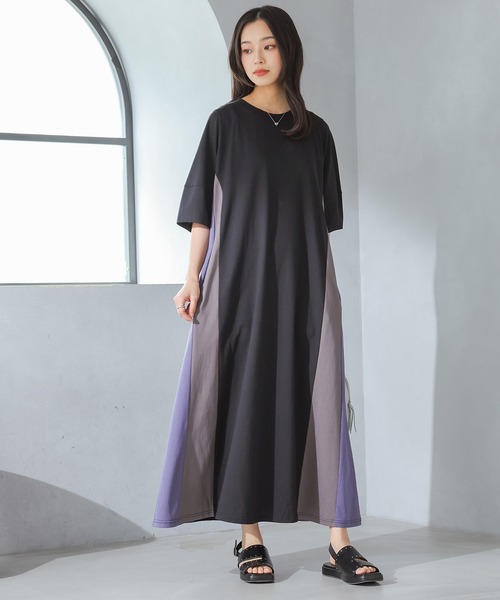 n'OrLABEL(ノアールレーベル)の「【汗じみ防止】配色ランタンスリーブワンピース(ワンピース・レディース・ブルー/ブラック/グレイッシュベージュ・1/2)」の5枚目の写真