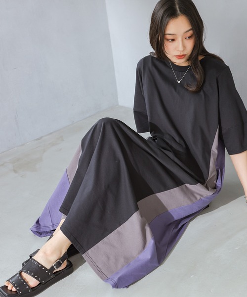 n'OrLABEL(ノアールレーベル)の「【汗じみ防止】配色ランタンスリーブワンピース(ワンピース・レディース・ブルー/ブラック/グレイッシュベージュ・1/2)」の9枚目の写真