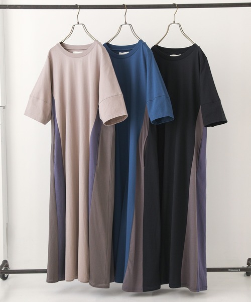 n'OrLABEL(ノアールレーベル)の「【汗じみ防止】配色ランタンスリーブワンピース(ワンピース・レディース・ブルー/ブラック/グレイッシュベージュ・1/2)」の4枚目の写真