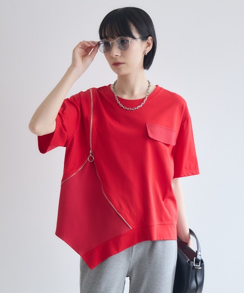 Paradise Picnic(パラダイスピクニック)の「アシメジップデザインTシャツ(Tシャツ/カットソー・レディース・ホワイト/ブラック/チャコールグレー/レッド・FREE)」の4枚目の写真