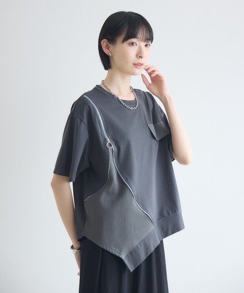Paradise Picnic(パラダイスピクニック)の「アシメジップデザインTシャツ(Tシャツ/カットソー・レディース・ホワイト/ブラック/チャコールグレー/レッド・FREE)」の15枚目の写真