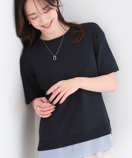 SHOO・LA・RUE(シューラルー)の「【ひんやり/UV/洗濯機可/S-LL】毛玉になりにくい シャツレイヤード風半袖ニット(ニット/セーター・レディース・グレー/ネイビー/レッド系/モスグリーン・03/01/02/04)」の3枚目の写真