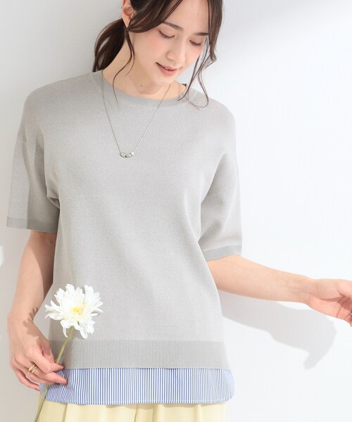 SHOO・LA・RUE(シューラルー)の「【ひんやり/UV/洗濯機可/S-LL】毛玉になりにくい シャツレイヤード風半袖ニット(ニット/セーター・レディース・グレー/ネイビー/レッド系/モスグリーン・03/01/02/04)」の1枚目の写真