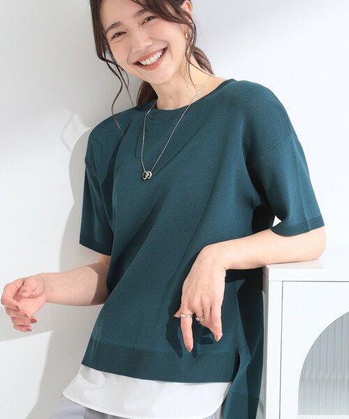 SHOO・LA・RUE(シューラルー)の「【ひんやり/UV/洗濯機可/S-LL】毛玉になりにくい シャツレイヤード風半袖ニット(ニット/セーター・レディース・グレー/ネイビー/レッド系/モスグリーン・03/01/02/04)」の2枚目の写真